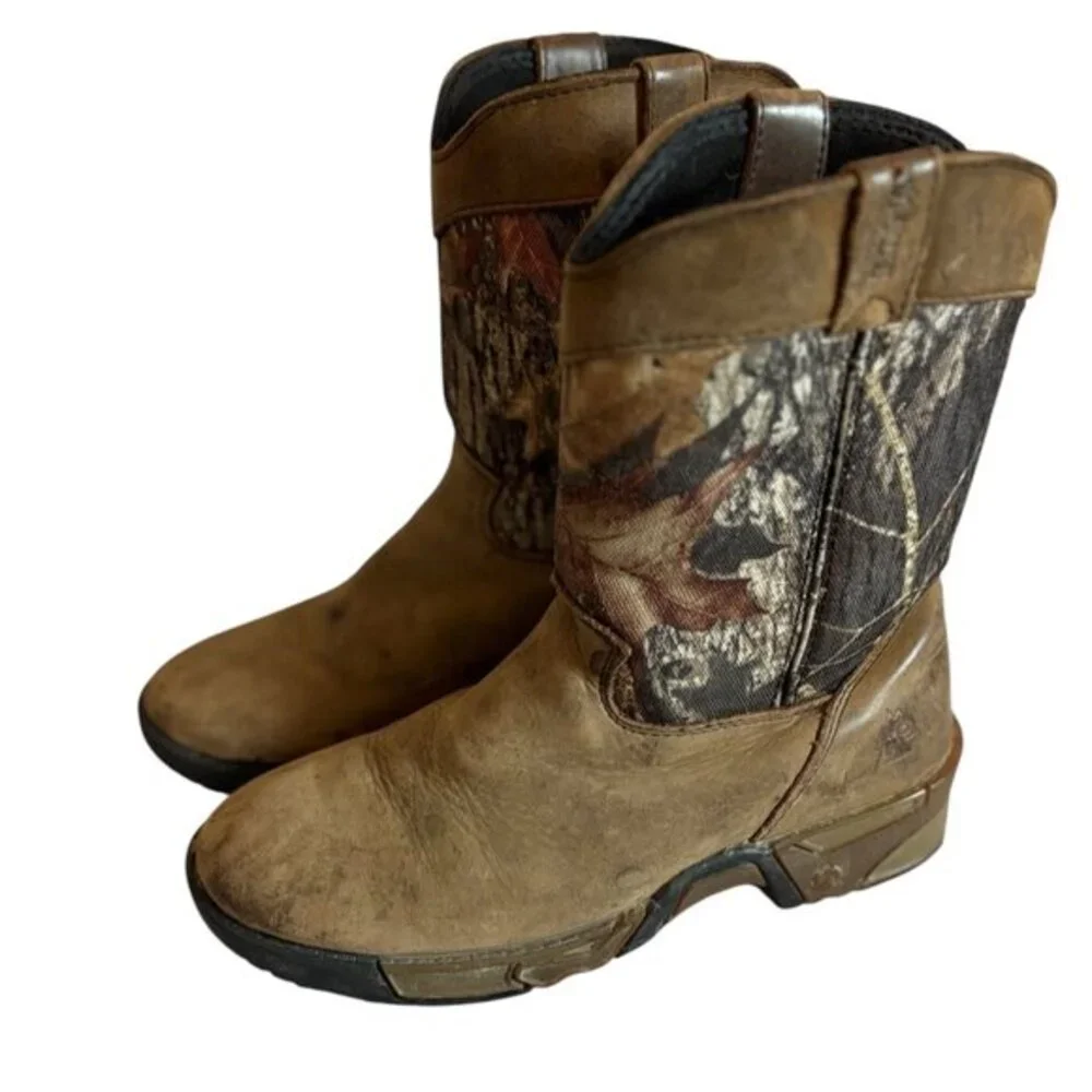 Rocky Kids Leather Western Camouflage 6” Outdoor Brown Slip On Boots Size 4M